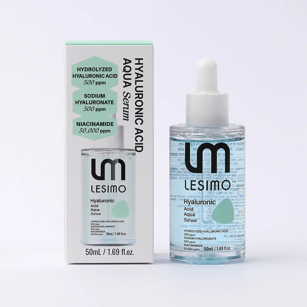 LESIMO Hyaluronic Acid Aqua Serum with packaging on a light gray background