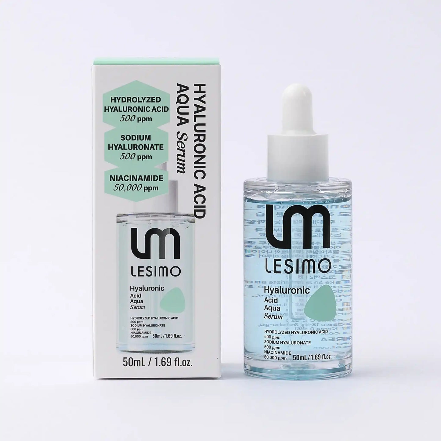 LESIMO Hyaluronic Acid Aqua Serum with packaging on a light gray background