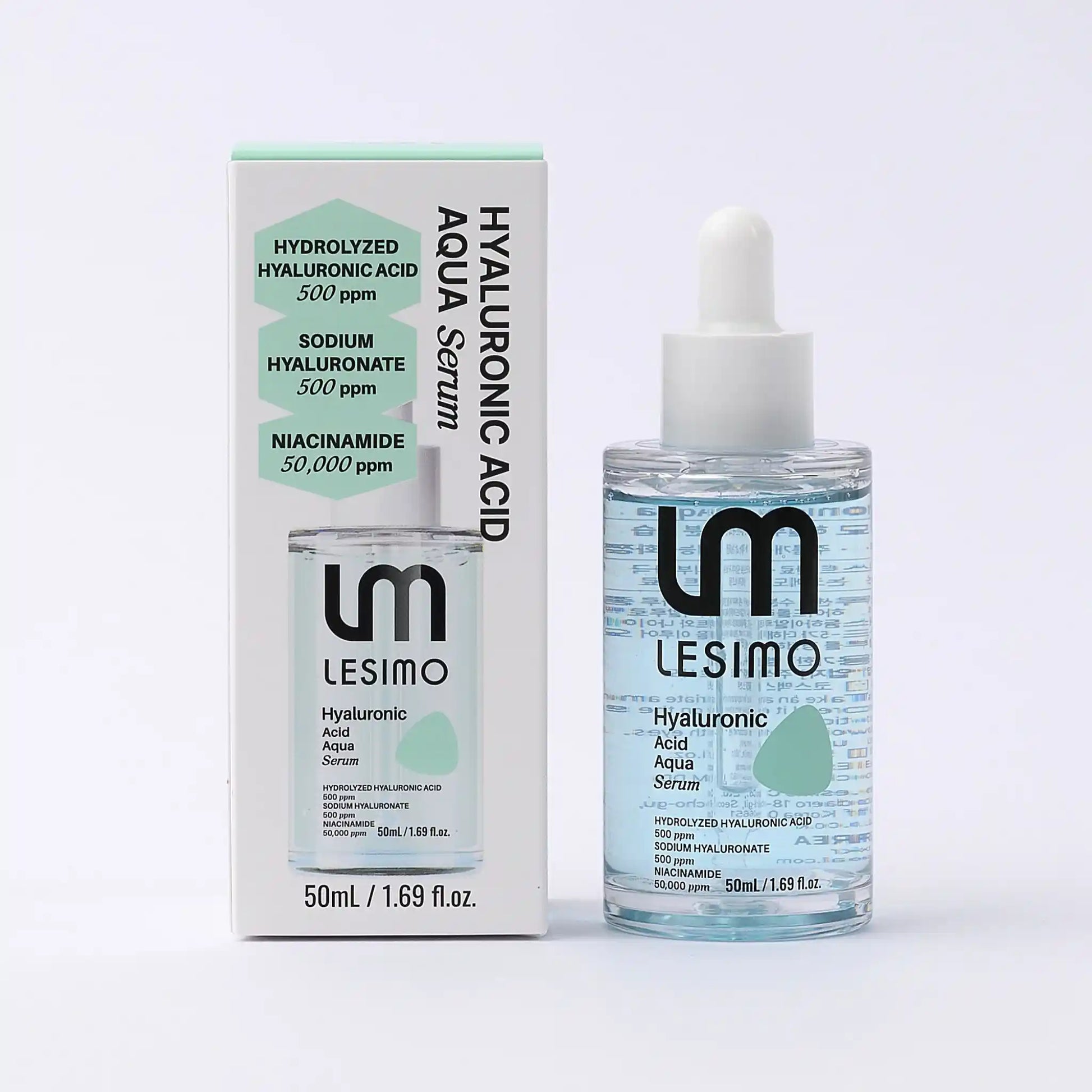 LESIMO Hyaluronic Acid Aqua Serum with packaging on a light gray background