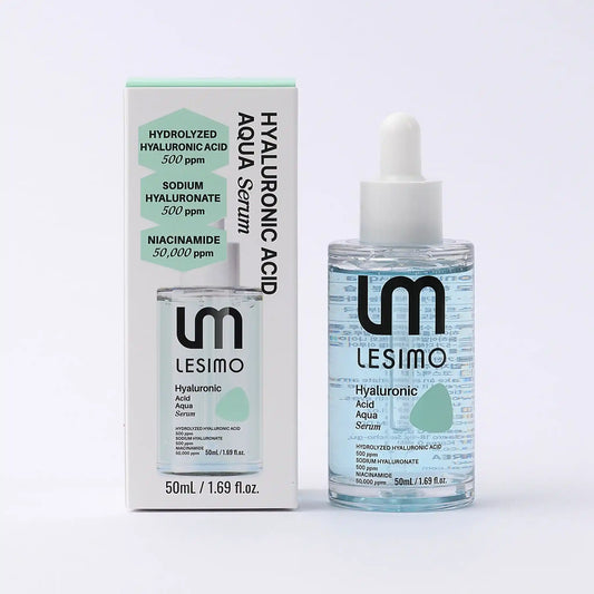 LESIMO Hyaluronic Acid Aqua Serum with packaging on a light gray background