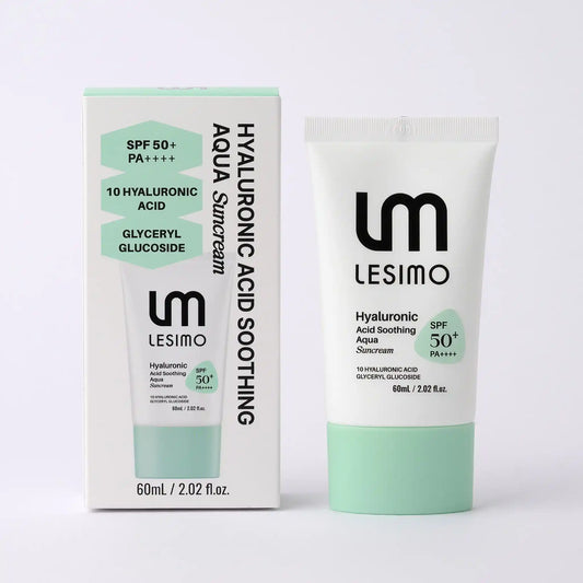 Lesimo Hyaluronic Acid Soothing Sunscreen tube and packaging on a white background