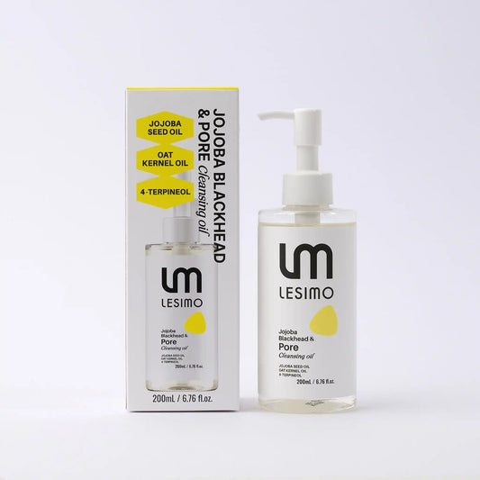 LESIMO Jojoba Blackhead & Pore Cleansing Oil with packaging on a white background