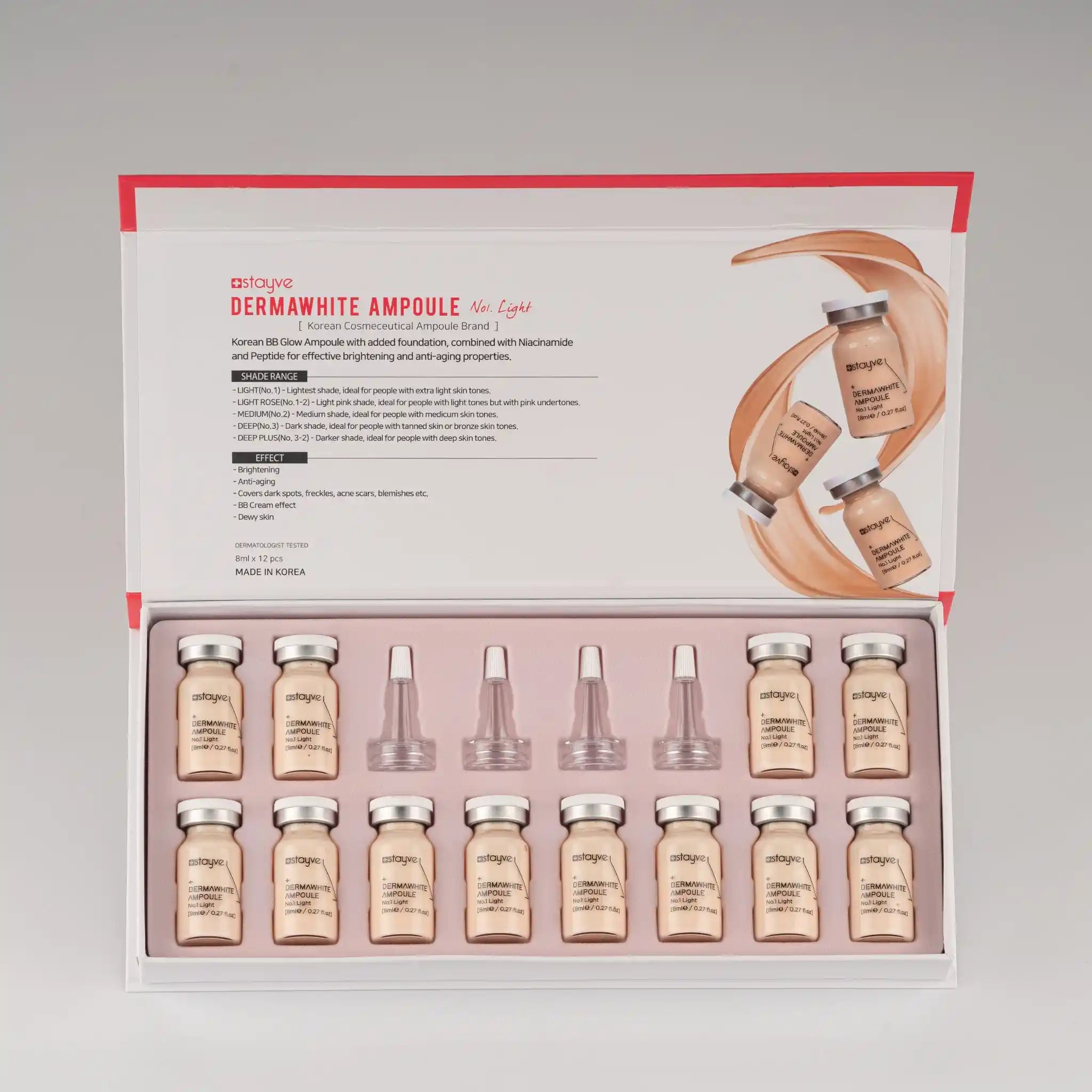Set of DERMWHITE Ampoule bottles in a decorative box on a gray background