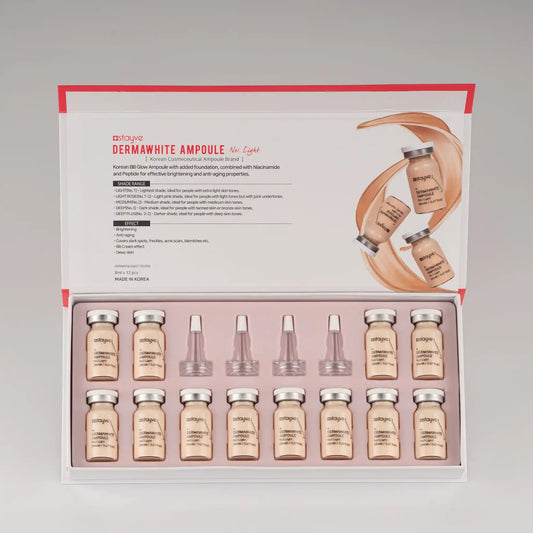 Set of DERMWHITE Ampoule bottles in a decorative box on a gray background