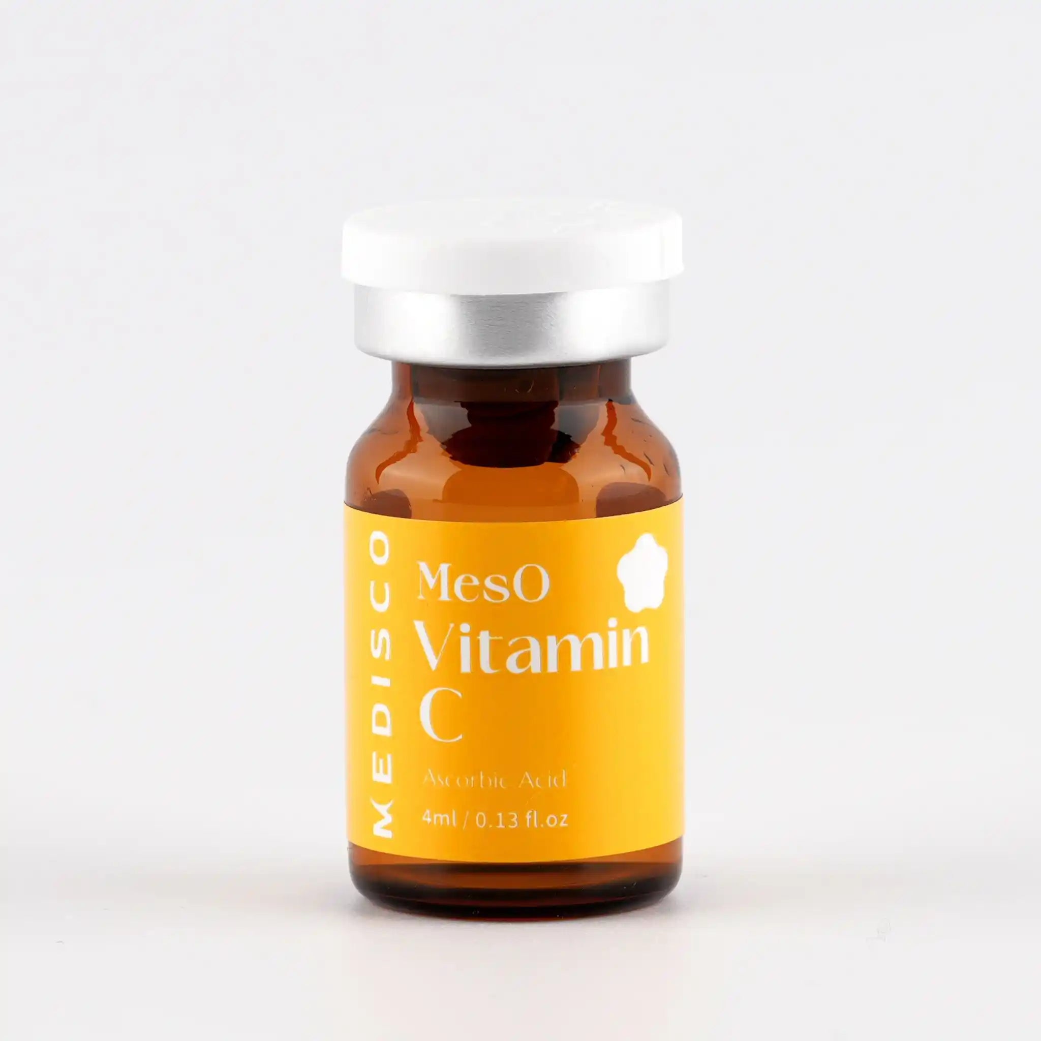 Amber glass bottle labeled 'Meso Vitamin C' with a white cap on a light gray background