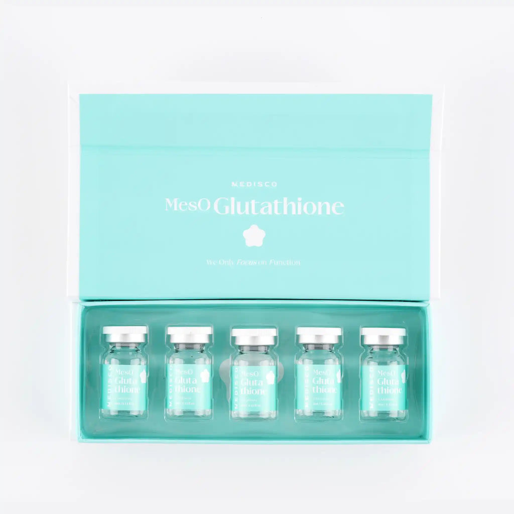 Set of vials in a Meso glutathione packaging on a light gray background