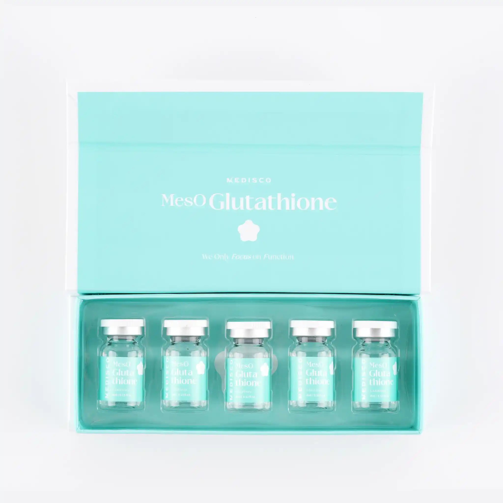 Set of vials in a Meso glutathione packaging on a light gray background