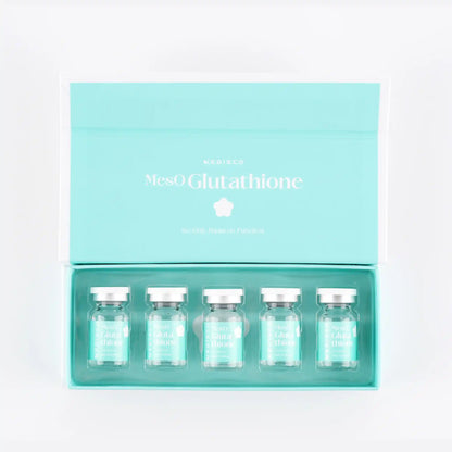 Set of vials in a Meso glutathione packaging on a light gray background