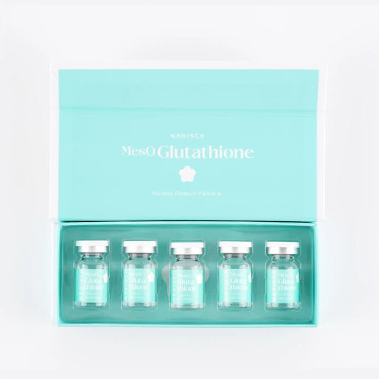 Set of vials in a Meso glutathione packaging on a light gray background