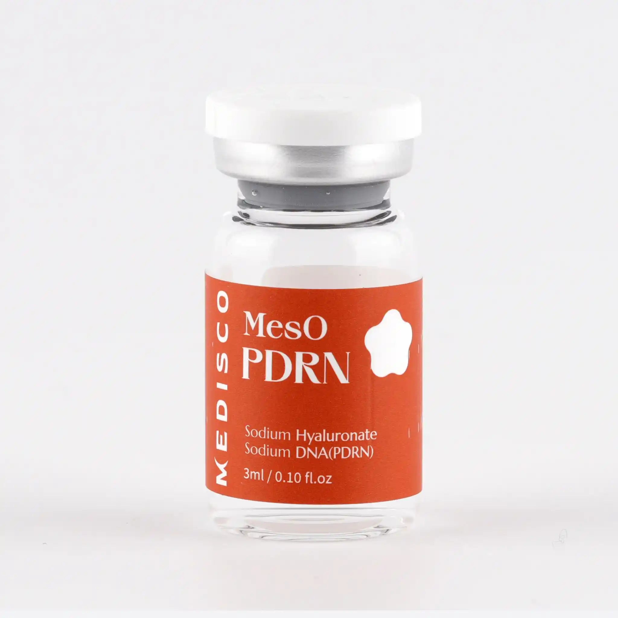 Vial labeled 'Meso PDRN' with a red label on a white background