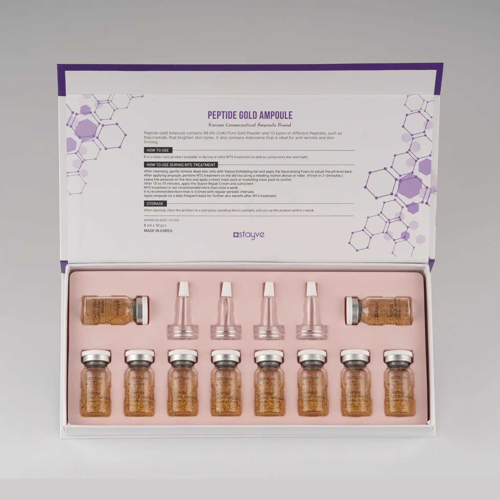 Box of peptide gold ampoules with a gray background