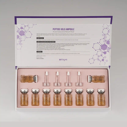 Box of peptide gold ampoules with a gray background