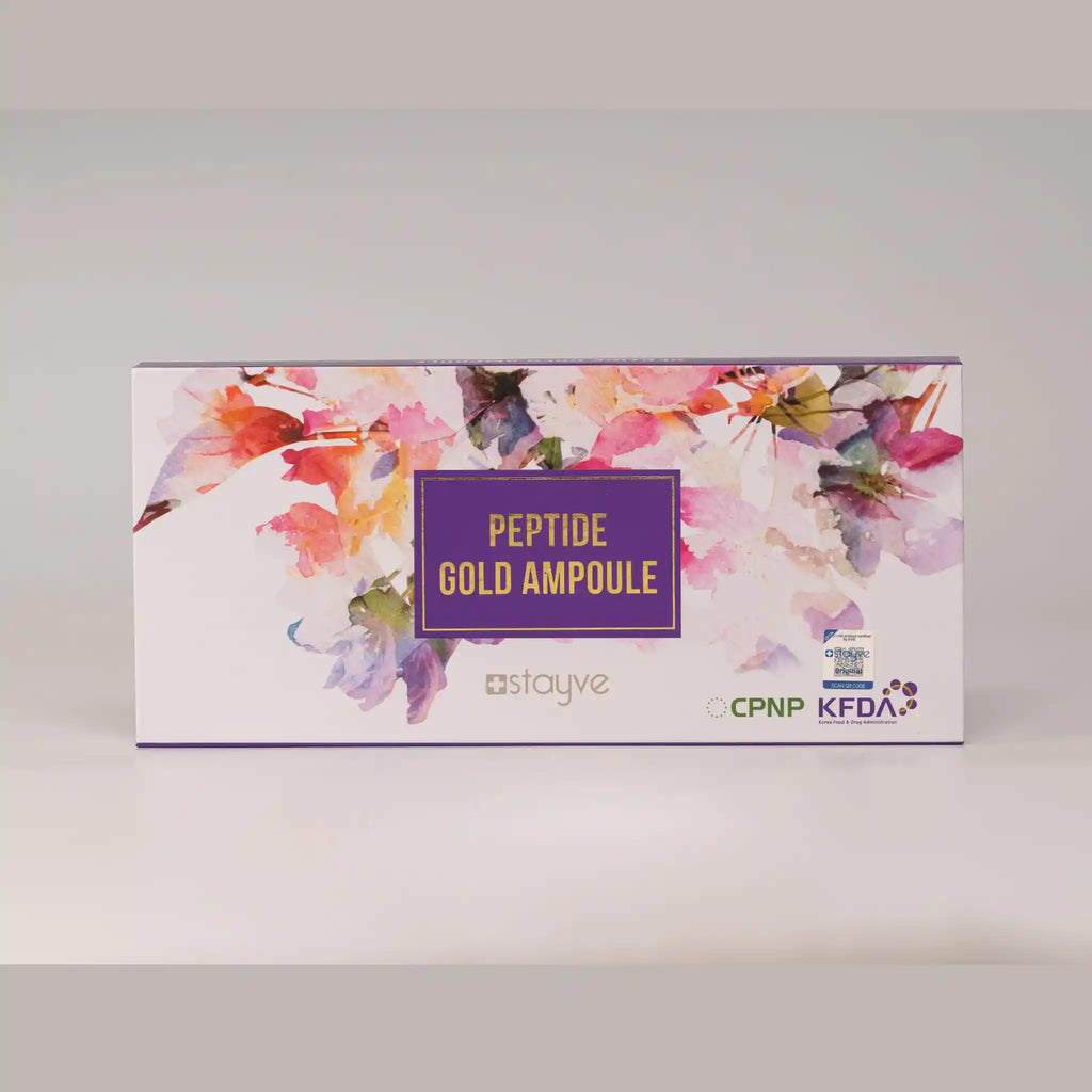 Box of Peptide Gold Ampoule with floral design on a gray background