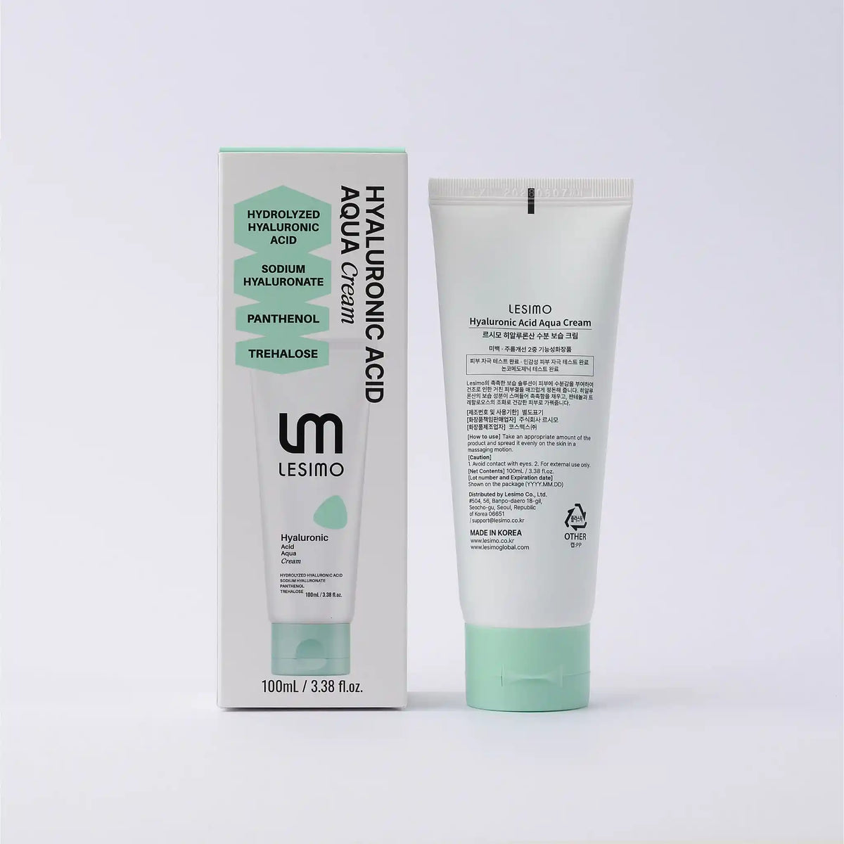 Lesimo Hyaluronic Acid cream packaging and tube on a white background