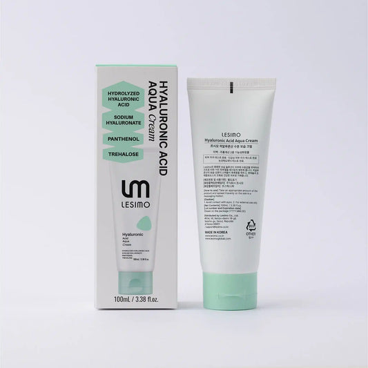 Lesimo Hyaluronic Acid cream packaging and tube on a white background