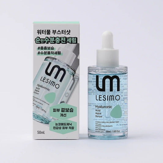 LESIMO hyaluronic acid serum bottle and packaging on a light gray background
