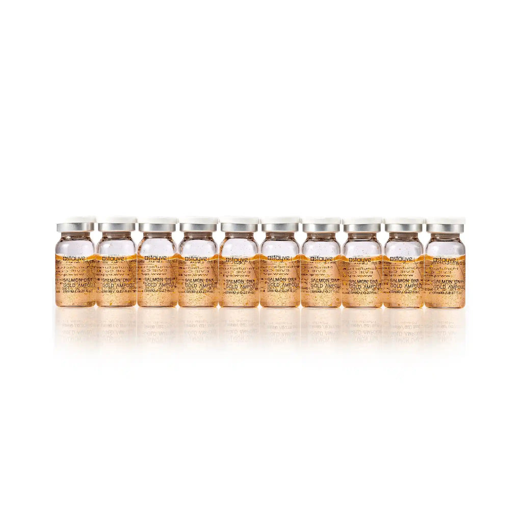Row of identical skincare product bottles on a white background