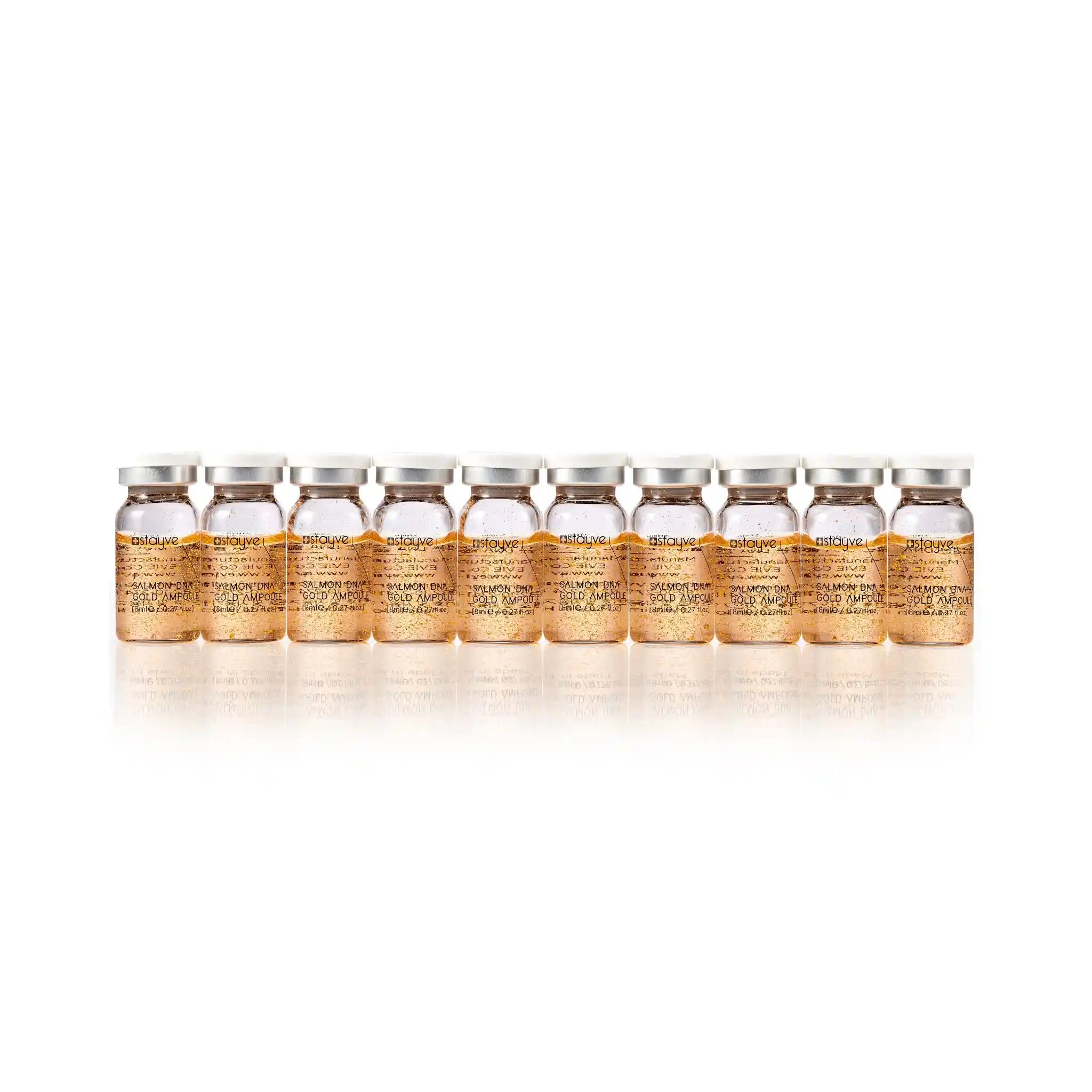 Row of identical skincare product bottles on a white background