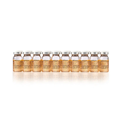 Row of identical skincare product bottles on a white background