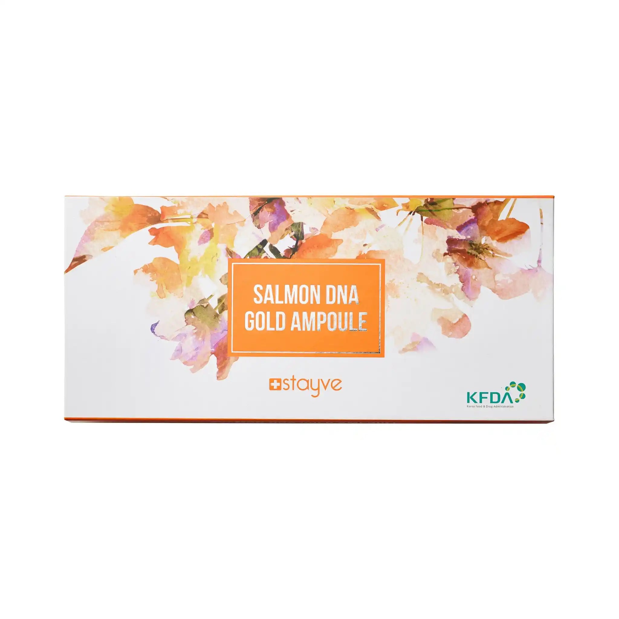 Stayve Salmon DNA Gold Ampoule packaging with floral design on a white background