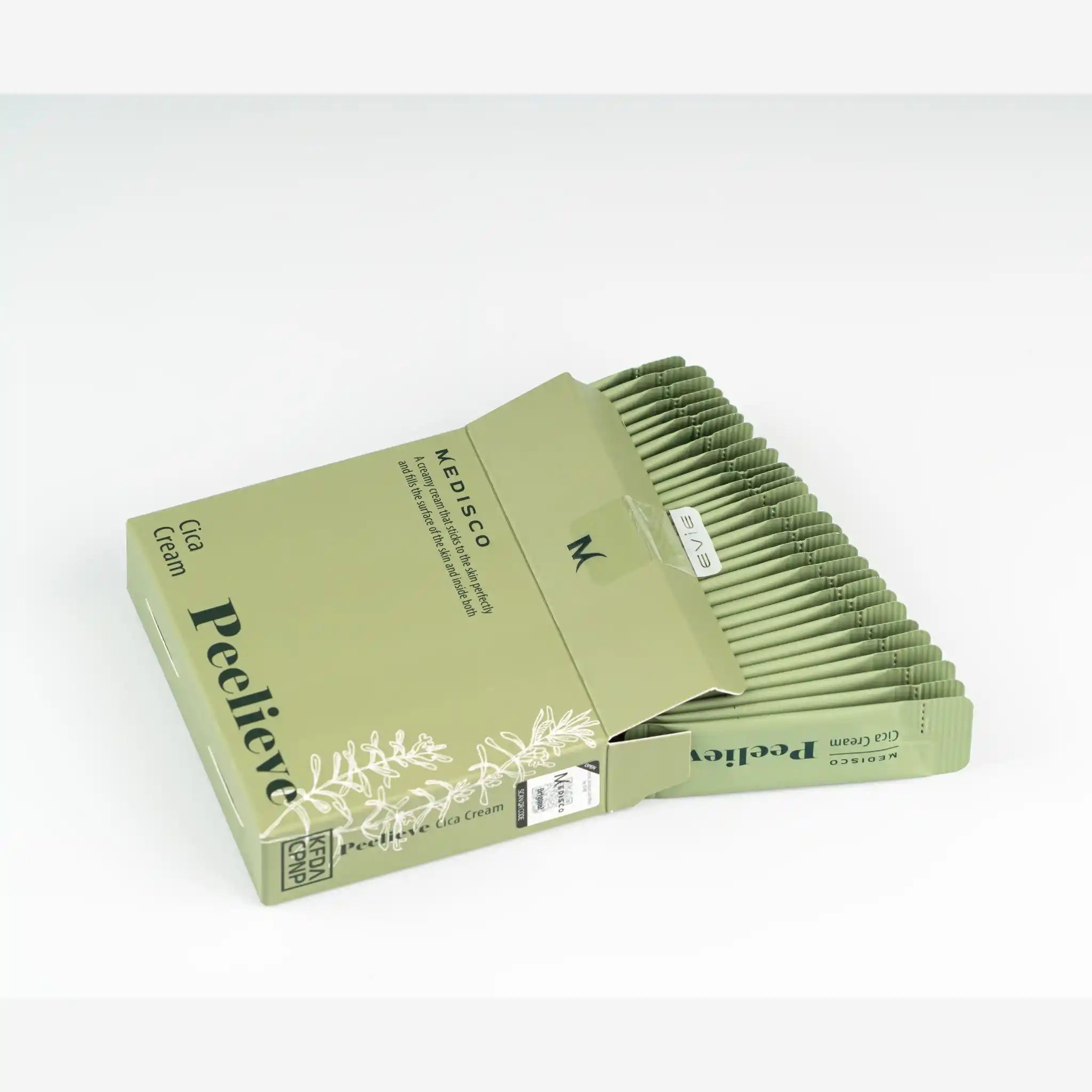 Green box of Peelieve patches on a white background