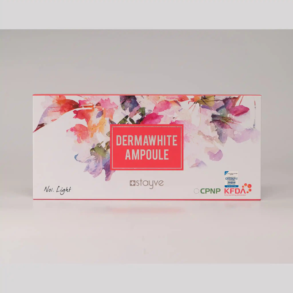 Packaging of Dermawhite Ampoule with floral design on a gray background