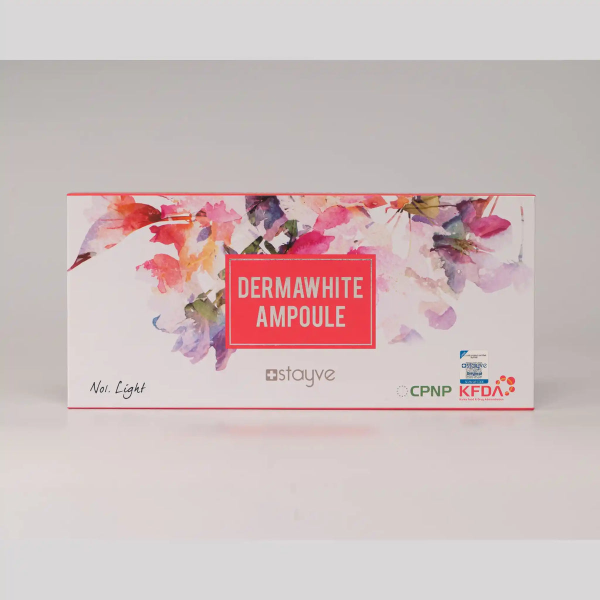 Packaging of Dermawhite Ampoule with floral design on a gray background