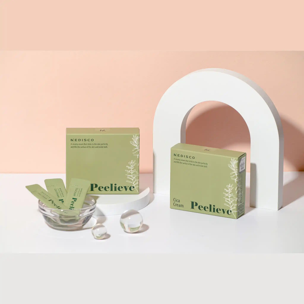 Medisco Peilieve skincare products on a light pink background