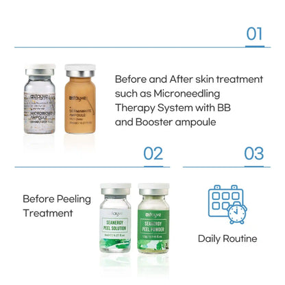 Cosmetic products for skin treatment with text indicating use cases and steps.