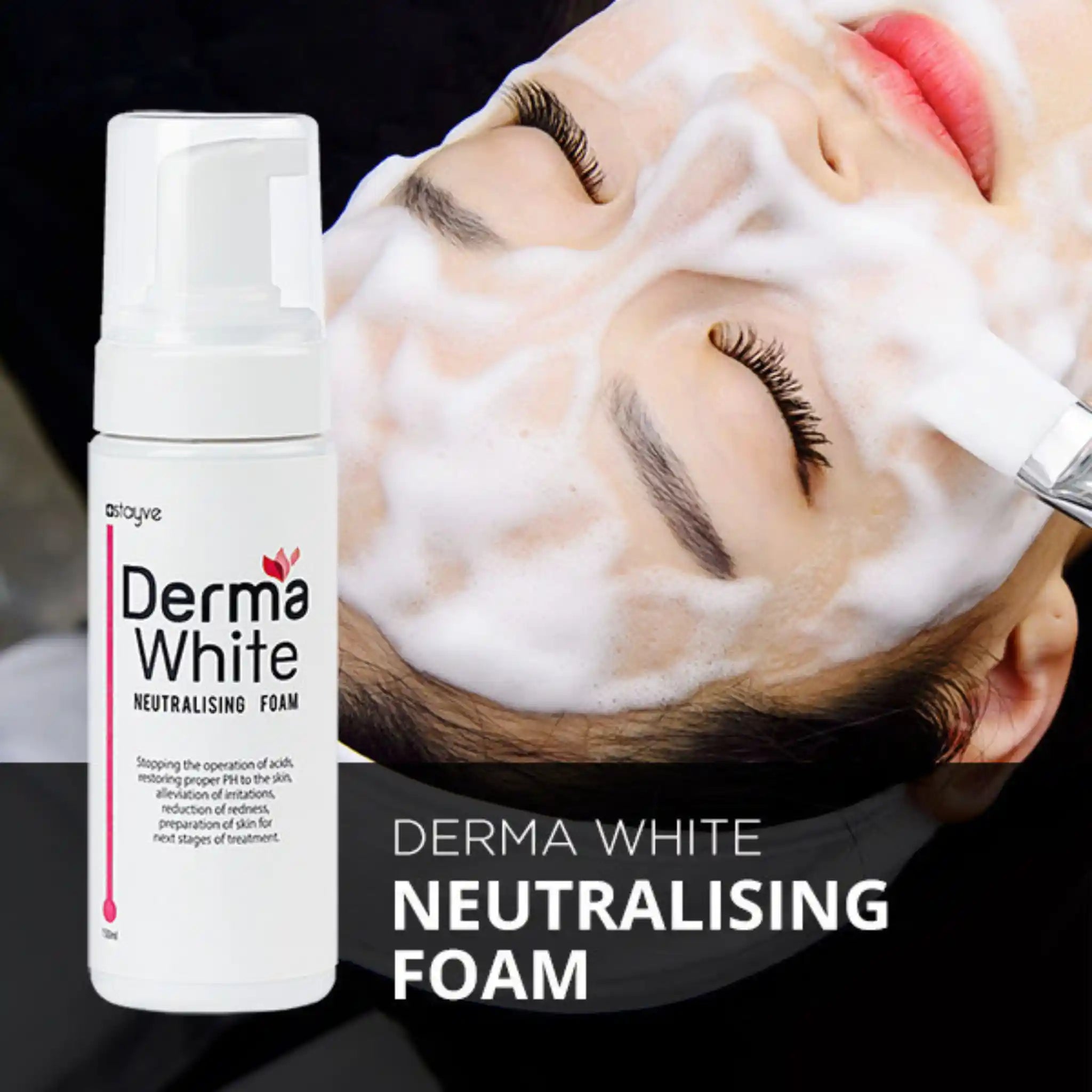 Derma White neutralizing foam with a person applying it to their face.