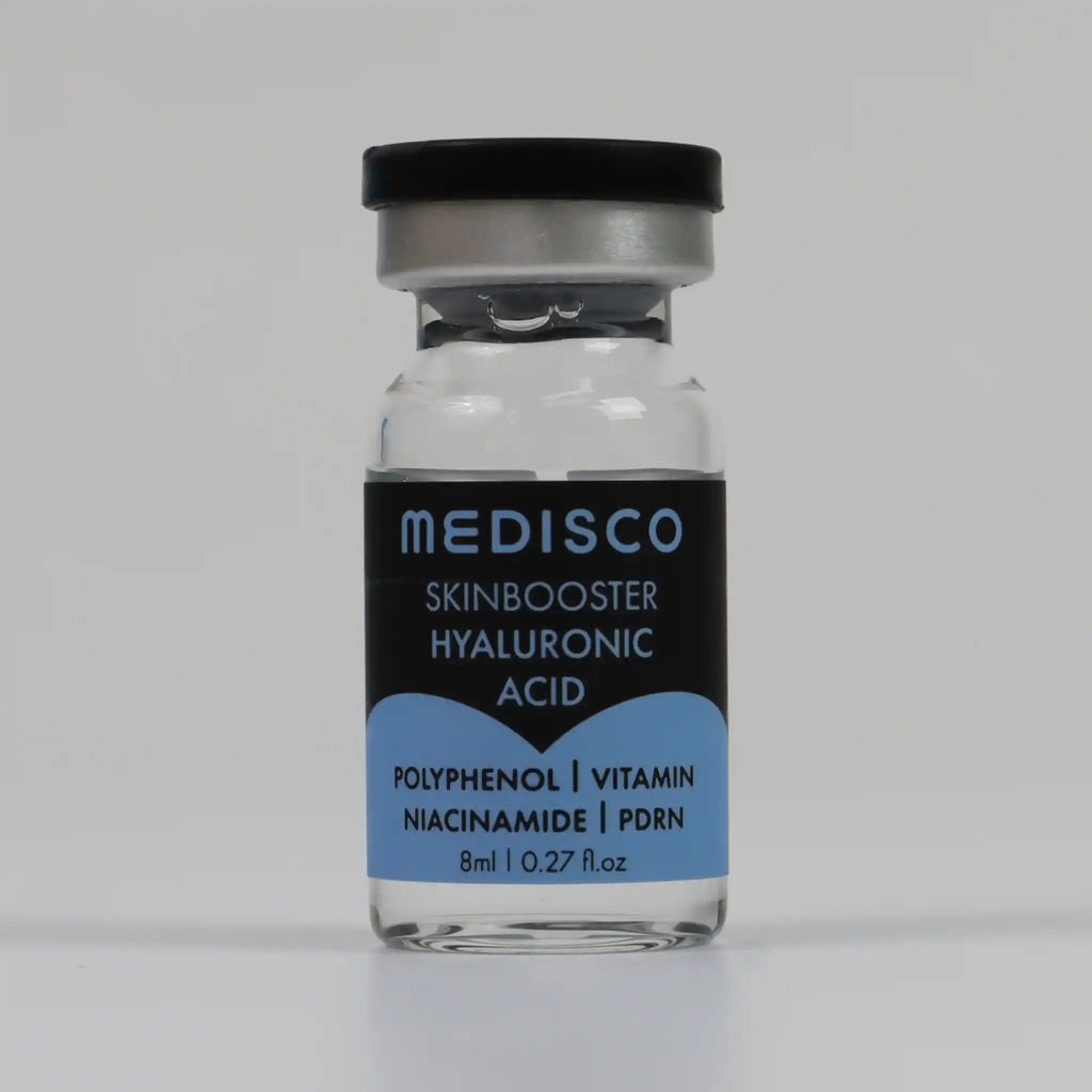 Medisco Skinbooster Hyaluronic Acid bottle on a gray background