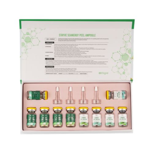 Open box of Stayve Seanergy ampoules in a decorative box with green and white design.