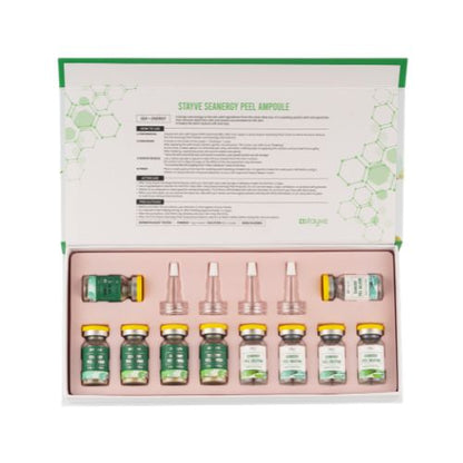 Open box of Stayve Seanergy ampoules in a decorative box with green and white design.