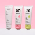 Three skincare tubes from Lesimo and Medisco lined up against a pink background: Skin Glow Mask, Vitamin skinGlow cream, and Purified skinGlow cream.