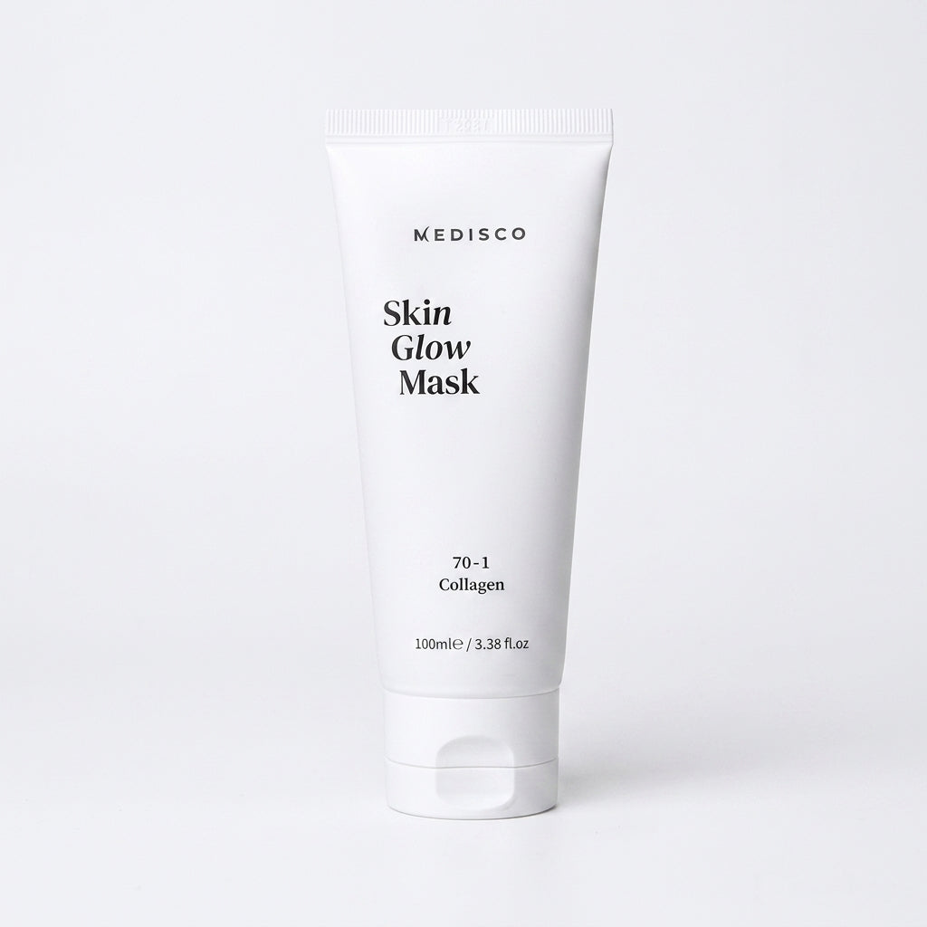 White skincare mask tube labeled 'Skin Glow Mask' by Medisco on a white background