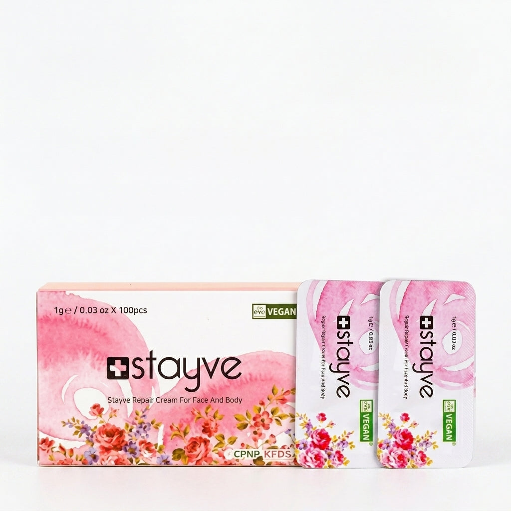 Stayve repair cream packaging with floral design on a white background